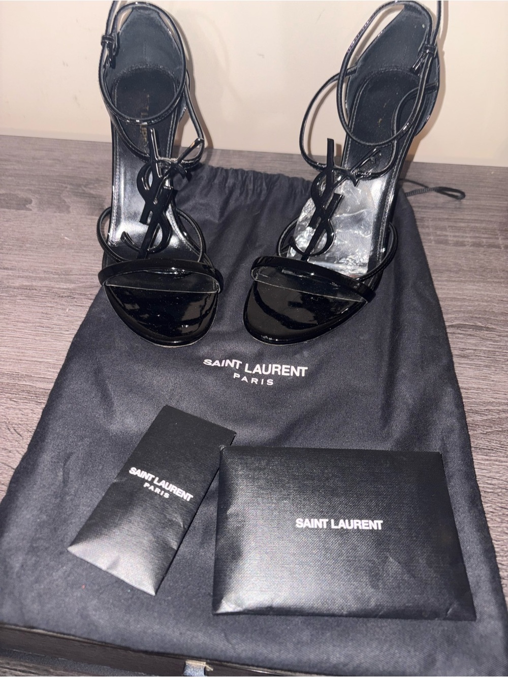 Saint Laurent Black Patent Leather YSL Logo Strappy Heels